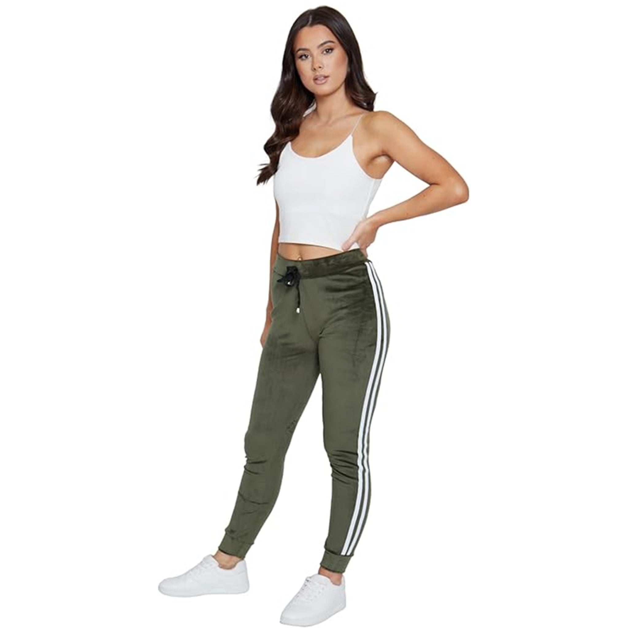 Ladies velour bottoms soft lounge joggers with side stripes in khaki green